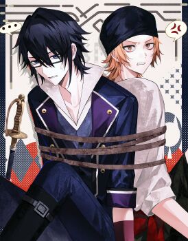  2boys absurdres anger_vein back-to-back black_hair blue_eyes bound commentary_request fushimi_saruhiko hair_between_eyes highres ilangasa k-project looking_at_viewer male_focus multiple_boys orange_hair partial_commentary semi-rimless_eyewear shirt short_hair sitting spoken_anger_vein sword tied_up_(nonsexual) under-rim_eyewear weapon white_shirt yata_misaki 