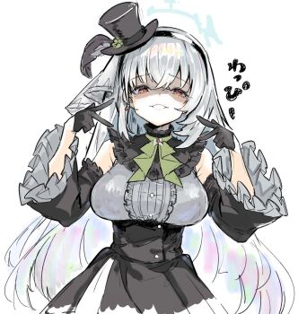  1girl ascot bare_shoulders black_dress black_gloves black_hairband blue_archive breasts brooch center_frills crossed_bangs detached_sleeves double_v dress earrings frilled_sleeves frills gloves green_ascot grey_dress grey_hair hair_ornament hairband half_gloves halo hands_up hat hat_feather idol_clothes jewelry large_breasts long_hair looking_at_viewer mini_hat mini_top_hat multicolored_dress oga_yui_open red_eyes sakurako_(blue_archive) sakurako_(idol)_(blue_archive) shaded_face simple_background sleeveless sleeveless_dress smile solo top_hat upper_body v white_background white_halo wide_sleeves 