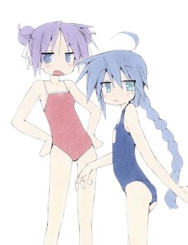  2girls :3 ahoge bare_legs blue_eyes blush blush_stickers bow double_bun furrowed_brow hair_bow hair_bun hands_on_own_hips highres hiiragi_kagami izumi_konata low_ponytail lucky_star mole mole_under_eye multiple_girls one-piece_swimsuit open_mouth ponytail purple_hair red_one-piece_swimsuit school_swimsuit shiki_59 short_hair spaghetti_strap spiked_hair swimsuit 