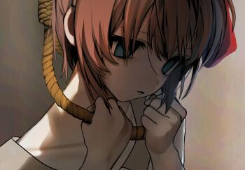 1girl 2000s_(style) backlighting bags_under_eyes blue_eyes bow collarbone collared_shirt commentary doki_doki_literature_club empty_eyes faux_retro_artstyle hair_between_eyes hair_bow highres holding holding_rope looking_down lower_teeth_only noose open_mouth orange_hair pale_skin portrait red_bow rope sayori_(doki_doki_literature_club) shirt short_hair sidelocks solo tareme teeth uee_m white_shirt 
