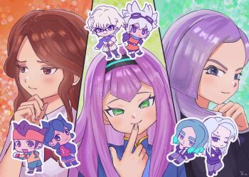 3boys 3girls 6+boys brown_hair endou_mamoru gillis green_hair grey_hair inazuma_eleven_(series) inazuma_eleven_go inazuma_eleven_go_chrono_stone inazuma_eleven_victory_road index_finger_raised inzm_122312232 long_hair meia multiple_boys multiple_girls raimon_natsumi rococo_urupa saryuu_evan sasanami_unmei senno_himeka shisendou_garyuu white_hair