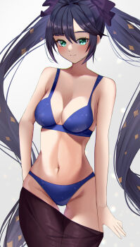 1girl absurdres armpit_crease bare_arms bare_shoulders black_hair black_ribbon blue_bra blue_panties bra breasts brown_pantyhose cleavage closed_mouth clothes_pull collarbone cowboy_shot floating_hair genshin_impact green_eyes grey_background groin hair_ribbon highres katagiri_nanoka long_hair looking_at_viewer medium_breasts mona_(genshin_impact) navel panties pantyhose pantyhose_pull ribbon sidelocks simple_background smile solo sparkle_print stomach swept_bangs thigh_gap twintails underwear very_long_hair rating:Sensitive score:70 user:danbooru