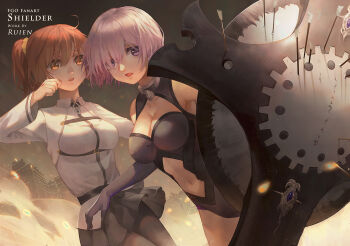  2girls ahoge artist_name black_leotard black_pantyhose black_skirt breasts brown_eyes brown_hair character_name cleavage cleavage_cutout clothing_cutout copyright_name fate/grand_order fate_(series) fujimaru_ritsuka_(female) hair_between_eyes hair_ornament hair_over_one_eye hair_scrunchie jacket leotard long_sleeves looking_at_viewer mash_kyrielight mash_kyrielight_(demi-servant) medium_breasts midriff miniskirt multiple_girls navel navel_cutout open_mouth pantyhose pleated_skirt purple_eyes ruien_(wu_jui-en) scrunchie shield short_hair side_ponytail silver_hair skirt standing stomach white_jacket yellow_scrunchie  rating:Sensitive score:5 user:danbooru