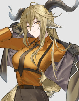  1girl ahoge animal_ear_fluff animal_ears arknights asymmetrical_hair asymmetrical_sidelocks belt belt_buckle blonde_hair breasts bright_pupils brown_belt brown_horns brown_necktie brown_pants buckle chest_harness closed_mouth collared_shirt cowboy_shot crossed_bangs degenbrecher_(arknights) dress_shirt expressionless eyelashes from_side gloves goat_ears goat_girl goat_horns goat_tail green_gloves green_jacket grey_background hair_between_eyes hair_flowing_over hands_up harness head_tilt highres holding holding_jacket holding_unworn_clothes horns jacket lapels large_breasts long_bangs long_hair long_sleeves looking_at_viewer mabing military military_dress_uniform military_jacket military_uniform necktie notched_lapels open_clothes open_jacket orange_shirt pants putting_on_jacket shadow shirt shirt_tucked_in sidelocks simple_background solo standing straight_hair swept_bangs tail underbust unworn_jacket very_long_hair white_pupils wing_collar yellow_eyes 