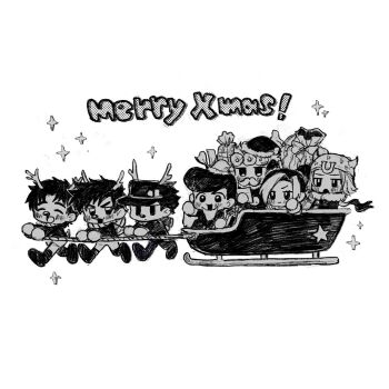  1girl 6+boys antlers battle_tendency blush commentary_request cone_hair_bun diamond_wa_kudakenai fake_beard fake_facial_hair fake_mustache full_body giorno_giovanna greyscale hair_bun hat higashikata_josuke highres horns johnny_joestar jojo_no_kimyou_na_bouken jonathan_joestar joseph_joestar joseph_joestar_(young) kuujou_jolyne kuujou_joutarou merry_christmas monochrome multiple_boys neg_50asu open_mouth phantom_blood sack sleigh sparkle stardust_crusaders steel_ball_run stone_ocean vento_aureo 