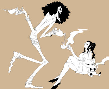  1girl 2boys afro antlers brook_(one_piece) brown_background commentary_request crossed_legs cup greyscale_with_colored_background holding holding_cup holding_teapot horns multiple_boys nico_robin one_piece ponytail reindeer_antlers sidelocks simple_background skeleton smile teapot tomatop tony_tony_chopper 