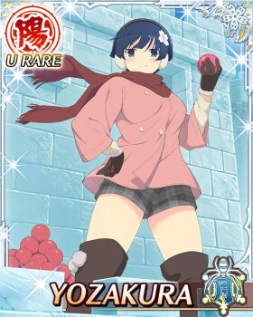  1girl arm_up ball black_gloves black_shorts blue_eyes blue_hair boots border bowl_cut breasts card_(medium) character_name closed_mouth coat earmuffs flower game_cg gloves hair_flower hair_ornament hand_on_own_hip holding holding_ball large_breasts looking_at_viewer official_art outdoors paintball pink_coat plaid_clothes plaid_shorts red_scarf scarf senran_kagura senran_kagura_new_wave short_hair shorts smile snow_shelter solo thigh_boots third-party_source winter_clothes yozakura_(senran_kagura) 