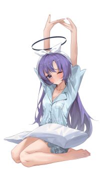  1girl ;) absurdres animal_print arms_up barefoot black_halo blue_archive blue_eyes blue_pajamas blush bow breasts cat_print cleavage closed_mouth commentary eyelashes feet full_body hair_between_eyes hair_bow halo highres interlocked_fingers long_hair looking_at_viewer manjie mechanical_halo medium_breasts official_alternate_costume official_alternate_hairstyle one_eye_closed own_hands_together pajamas pillow print_pajamas purple_hair red_pupils short_sleeves sidelocks simple_background single_hair_intake sitting smile solo split_mouth stretching tearing_up toenails toes very_long_hair wariza white_background white_bow yuuka_(blue_archive) yuuka_(pajamas)_(blue_archive) 