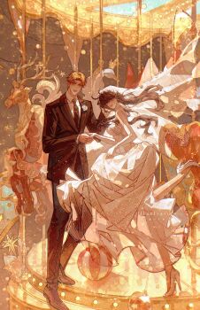  1boy 1girl bare_shoulders black_hair black_jacket black_necktie black_pants black_shoes blonde_hair breasts bridal_veil bride carousel chaoxibumian collared_shirt commentary corsage couple dress elbow_gloves flower full_body gloves groom hetero high_heels highres husband_and_wife jacket long_dress medium_breasts necktie open_mouth pants parted_bangs red_eyes shirt shoes short_hair sidelocks smile spy_x_family suit_jacket symbol-only_commentary twilight_(spy_x_family) veil wedding_dress white_flower white_gloves white_shirt white_shoes yor_briar 