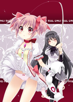  10s 2girls akemi_homura akemi_homura_(magical_girl) bad_id bad_pixiv_id black_pantyhose black_socks blush bow bow_panties bubble_skirt capelet closed_eyes clothes_lift dress dress_lift embarrassed fishing_rod gloves hair_bow hairband holding holding_fishing_rod kaname_madoka kaname_madoka_(magical_girl) kneehighs kyubey lace lace-trimmed_panties lace_trim long_hair madoka_runes magical_girl mahou_shoujo_madoka_magica mahou_shoujo_madoka_magica_(anime) multiple_girls panties pantyhose pink_eyes pink_hair pink_panties polka_dot polka_dot_panties puffy_sleeves short_twintails skirt skirt_lift socks surprised tareme twintails underwear upskirt white_legwear wide-eyed yukian yuri  rating:Questionable score:17 user:danbooru