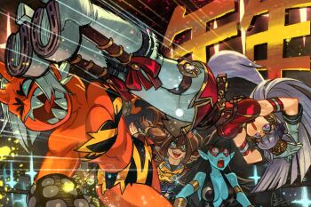  4girls alex_ahad animal_ears armband blue_skin bow breasts brown_hat colored_skin demon_girl domino_mask dropkick ear_bow el_condor_pasa_(umamusume) eye_mask flying_kick gold_ship_(umamusume) hat highres horse_ears horse_girl horse_tail kicking large_breasts mask multiple_girls oni pillbox_hat striped_armband striped_clothes tail umamusume wrestling_ring 