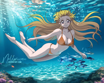  1girl adult_swim aino_minako bare_legs barefoot bikini bishoujo_senshi_sailor_moon bishoujo_senshi_sailor_moon_r bishoujo_senshi_sailor_moon_r:_the_movie bishoujo_senshi_sailor_moon_s bishoujo_senshi_sailor_moon_s_the_movie:_kaguya-hime_no_koibito bishoujo_senshi_sailor_moon_supers bishoujo_senshi_sailor_moon_supers_the_movie:_sailor_9_senshi_shuuketsu!_black_dream_hole_no_kiseki blonde_hair blue_eyes breasts cleavage elbow_gloves gloves neldorwen pin_up swimming swimsuit toei_company toonami underwater viz_media 