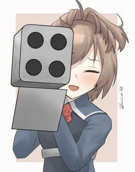  1girl aiming ascot blue_shirt brown_hair closed_eyes commando_(movie) flower highres kantai_collection l_meet messy_hair military_uniform ponytail red_ascot red_flower rocket_launcher sheffield_(kancolle) shirt solo upper_body weapon weapon_request 