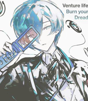  1boy black_jacket blue_eyes blue_hair cellphone commentary_request earphones_removed english_text eyes_visible_through_hair flip_phone hair_over_one_eye half-closed_eyes highres holding holding_phone jacket k1kiwa male_focus open_clothes open_jacket persona persona_3 persona_3_reload phone shirt short_hair simple_background solo white_background white_shirt yuuki_makoto_(persona_3) 