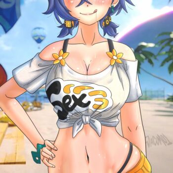  1girl aircraft armlet beach belle_(summer_skies)_(zenless_zone_zero) belle_(zenless_zone_zero) bikini blue_hair blurry blurry_background blush breasts cleavage drooling earrings highres hollow_(zenless_zone_zero) hot_air_balloon jewelry midriff mismatched_earrings navel official_alternate_costume orange_bikini orange_shorts outdoors palm_tree saliva shiny_skin shirt short_hair shorts smirk solo swimsuit tied_shirt tongue tongue_out tree wacum zenless_zone_zero 