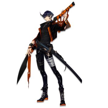  1boy arknights bandaged_leg bandages belt black_boots black_hair black_jacket black_nails black_pants black_shirt boots demon_boy demon_horns flamebringer_(arknights) full_body grin holding holding_weapon horns infection_monitor_(arknights) jacket jewelry katana long_sleeves looking_at_viewer male_focus material_growth no_sense_of_shame official_art open_clothes open_jacket oripathy_lesion_(arknights) over_shoulder pants pointy_ears pouch scabbard sheath sheathed shirt short_hair simple_background single_horn smile solo standing sword tachi-e thigh_pouch transparent_background weapon weapon_over_shoulder 