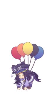  1girl @_@ animal_ears balloon black_hair bow bowtie commentary_request ears_through_headwear fenomeno_(umamusume) flipped_hair floating hat horse_ears horse_girl horse_tail horseshoe_hat_ornament horseshoe_ornament long_hair long_sleeves multicolored_hair peaked_cap pleated_skirt purple_hair purple_sailor_collar purple_serafuku purple_shirt purple_skirt purple_thighhighs sailor_collar sailor_shirt school_uniform serafuku shirt shoes skirt squiggle tail thighhighs tracen_school_uniform umamusume w3n6e white_bow white_bowtie 