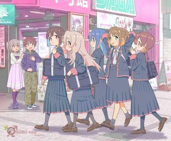  2boys 5girls :d absurdres ahoge arms_behind_head arms_up artist_name bag black_jacket black_socks blue_hair bow bowtie brown_eyes brown_hair brown_shoes colored_inner_hair commentary copyright_name crossdressing crossdressing_(mtf) day double-parted_bangs drawstring green_eyes grey_hair hair_between_eyes hair_bobbles hair_ornament highres hood hood_down hooded_jacket hozuki_momiji jacket jpeg_artifacts loafers long_hair long_sleeves low_twintails male-female_symbol multicolored_hair multiple_boys multiple_girls murosaki_miyo neck_ribbon oka_asahi one_side_up onii-chan_wa_oshimai! open_clothes open_jacket open_mouth orange_hair outdoors oyama_mahiro pants pantyhose pink_hair pink_skirt pleated_skirt purple_bow purple_bowtie purple_socks red_hair red_ribbon ribbon robomito sakurada_yuuta school_bag school_uniform senkawa_minato shirt shoes short_hair skirt smile sneakers socks spiked_hair star-shaped_pupils star_(symbol) suspender_skirt suspenders sweatdrop symbol-shaped_pupils tenkawa_nayuta trap twintails two-tone_hair two_side_up walking white_shirt yotsuba_university_affiliated_junior_high_school_uniform 