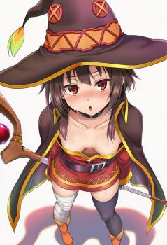  1girl arms_behind_back artist_request bandaged_leg bandages breasts brown_hair collar collarbone downblouse dress hat kono_subarashii_sekai_ni_shukufuku_wo! loli megumin off-shoulder_dress off_shoulder red_eyes short_dress single_thighhigh small_breasts staff tagme thighhighs witch_hat  rating:Sensitive score:75 user:Username7