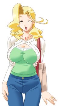  1girl bag blonde_hair breasts casual cleavage closed_eyes denim game_cg gan-chan_(artist) handbag hitozuma_sentai_aisaiger huge_breasts jeans jewelry large_breasts large_variant_set long_hair mature_female necklace non-web_source official_art open_mouth pants ring self-datamine smile solo sophie_andrea_yukitou thigh_gap transparent_background variant_set 