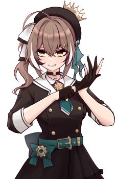 1girl adapted_costume alternate_color belt beret black_gloves bow skirt_bow brooch brown_eyes brown_hair buttons choker collared_shirt commentary cosplay crossed_bangs double-breasted english_commentary glove_pull gloves green_belt green_nails green_necktie hair_ornament hairclip hat highres hololive hololive_english hoshimachi_suisei hoshimachi_suisei_(1st_costume) hoshimachi_suisei_(cosplay) idol_showdown jewelry m_r_b multicolored_hair nail_polish nanashi_mumei necktie partially_fingerless_gloves pleated_skirt shirt side_ponytail skirt sleeve_cuffs three-quarter_sleeves smile solo star_(symbol) star_brooch star_choker streaked_hair virtual_youtuber