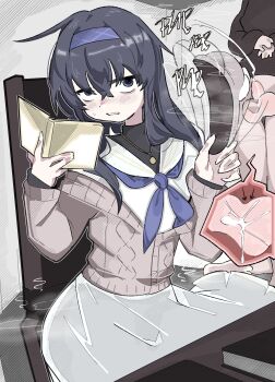  1boy 1girl absurdres age_difference ball_busting bdsm black_sweater blue_archive blue_hairband blue_neckerchief book brown_cardigan cable_knit cardigan cbt clothed_female_nude_male cum ejaculation femdom grey_eyes grey_hair hairband highres indoors jewelry jitome long_sleeves neckerchief necklace nude ollypop onee-shota penis plap sanpaku shota sitting skirt slippers sweatdrop sweater testicles turtleneck turtleneck_sweater ui_(blue_archive) x-ray 