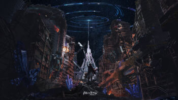  1boy 1girl 1other absurdres arm_up artist_name bare_shoulders black_pants brown_hair building carrying carrying_person ciroha city commentary commentary_request copyright_logo copyright_name crystal debris destruction english_commentary explosion facing_away fire fireball from_behind fyu-neru guilty_crown highres leotard logo mecha mixed-language_commentary night ouma_shuu pants pink_hair red_leotard road_sign robot rubble scene_reference scenery short_hair sign spoilers star_(sky) stop_sign twintails void_(guilty_crown) wide_shot yuzuriha_inori 