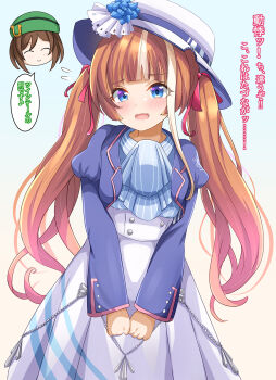  2girls akikawa_yayoi_(umamusume) alternate_hairstyle ascot blue_ascot blue_eyes blue_jacket blue_shirt blush brown_hair closed_eyes closed_mouth commentary_request green_hat hat hayakawa_tazuna high-waist_skirt highres jacket liukensama long_hair looking_at_viewer multiple_girls open_clothes open_jacket open_mouth shirt short_hair skirt smile translation_request twintails umamusume white_hat white_skirt 