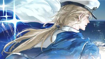  1girl blonde_hair commentary_request from_behind hat highres kotokelaoye langley_(path_to_nowhere) low_ponytail military_hat ocean path_to_nowhere ponytail portrait solo 
