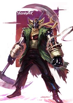 absurdres bandaged_arm bandages clenched_hands grendizer highres holding holding_weapon horns mazinger_(series) mecha mecha_focus naratani no_humans redesign retro_artstyle robot scarf science_fiction super_robot ufo_robo_grendizer violence_jack violence_jack_(character) weapon yellow_eyes yellow_scarf