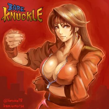  1girl arm_under_breasts artist_name blaze_fielding breasts brown_hair cleavage earrings english_text fighting_stance fingerless_gloves fingernails gloves hairband jacket jewelry lips looking_at_viewer mole mole_under_mouth nail_polish okeko open_clothes red_jacket simple_background skyline solo streets_of_rage title upper_body 