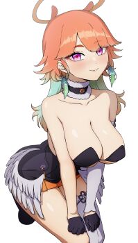  1girl absurdres animal_ears black_dress breasts cleavage commentary cosplay daydarion dress earrings english_commentary extra_ears feather_earrings feathers gradient_hair green_hair halo highres hololive hololive_english jewelry long_hair looking_at_viewer multicolored_hair ninomae_ina'nis ninomae_ina'nis_(1st_costume) ninomae_ina'nis_(cosplay) orange_hair orange_skirt purple_eyes skirt solo takanashi_kiara virtual_youtuber 