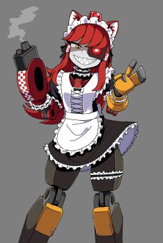  1girl alarm_siren alternate_costume animal_ears apron arm_cannon black_skirt borrowed_character cat_ears choker commentary cowboy_shot crosshair_pupils english_commentary enmaided fewer_digits frilled_apron frilled_choker frilled_skirt frilled_thigh_strap frills galois grey_background grin gun hair_tubes half-closed_eye heterochromia highres joints kemonomimi_mode long_hair looking_at_viewer maid maid_apron maid_headdress mimi-sentry_(flyingpiggles) original personification red_eyes red_hair robot robot_girl robot_joints sharp_teeth simple_background skirt smile smoke smoking_barrel solo team_fortress_2 teeth textless_version thigh_strap variant_set waving weapon white_apron yellow_eyes 