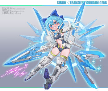  1girl alternate_costume an-chang blue_eyes blue_hair blue_leotard blush bow breasts cirno clothing_cutout commentary_request commission cosplay detached_wings english_text full_body grin gundam gundam_build_fighters gundam_build_fighters_try hair_bow holding holding_weapon ice ice_wings leotard looking_at_viewer mecha_musume mechanical_legs mechanical_wings navel qr_code science_fiction signature skeb_commission small_breasts smile solo stomach_cutout touhou transient_gundam transient_gundam_(cosplay) weapon wings 
