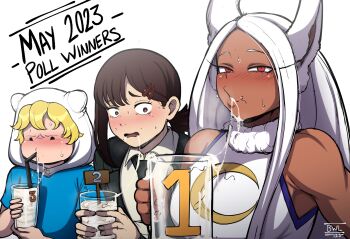  1boy 2girls adventure_time black_hair blackwhiplash blonde_hair boku_no_hero_academia chainsaw_man competition crossover cum cum_in_container cum_in_cup cum_in_mouth cup dark-skinned_female dark_skin drinking_glass finn_the_human gokkun higashiyama_kobeni highres mirko multiple_girls pale_skin stray_pubic_hair white_hair  rating:Explicit score:159 user:C4rnitrix_p