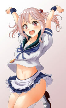 1girl absurdres animal animal_on_head apron badge blue_sailor_collar blue_skirt frills gradient_background grey_background hair_bobbles hair_ornament highres jumping kantai_collection nawohata on_head open_mouth pink_eyes pink_hair pleated_skirt rabbit rabbit_on_head sailor_collar sazanami_(kancolle) sazanami_kai_(kancolle) school_uniform serafuku short_hair short_sleeves skirt thigh_tease twintails waist_apron wrist_cuffs rating:Sensitive score:3 user:danbooru