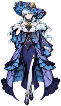  1girl artist_request bare_shoulders black_shoes blue_dress blue_hair blue_hat bracelet breasts closed_mouth commentary_request dress duel_masters duel_masters_play's frilled_dress frilled_hat frills fur-trimmed_sleeves fur_trim gold_bangle gold_trim hat jewelry large_hat long_hair multicolored_dress multicolored_hat official_art purple_dress purple_hat shakogairu_(duel_masters_play's) shoes solo thighhighs transparent_background white_dress white_thighhighs yellow_eyes 