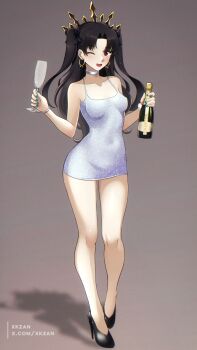  1girl absurdres alcohol alternate_costume artist_name bare_shoulders black_hair black_shoes blue_choker blue_dress blue_nails blush bottle bracelet breasts champagne champagne_bottle champagne_flute choker collarbone commentary_request cup dress drinking_glass earrings fate/grand_order fate_(series) full_body gradient_background grey_background hands_up high_heels highres holding holding_bottle holding_cup hoop_earrings impossible_clothes impossible_dress ishtar_(fate) jewelry legs long_hair looking_at_viewer nail_polish navel one_eye_closed open_mouth paid_reward_available parted_bangs red_eyes shoes short_dress sleeveless sleeveless_dress small_breasts smile solo standing thighs tiara tight_clothes tight_dress twitter_username two_side_up xkzan 
