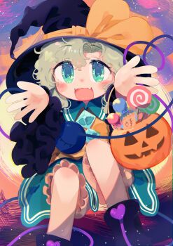 1girl absurdres alternate_headwear black_boots black_hat boots buttons candy diamond_button eyeball fangs food frilled_shirt_collar frilled_sleeves frills green_eyes green_hair green_skirt halloween halloween_bucket halloween_costume hat hat_ribbon heart heart_of_string highres jack-o'-lantern komeiji_koishi lollipop long_sleeves looking_at_viewer ribbon shirt skin_fangs skirt smile solo swirl_lollipop third_eye toroid_(621997) touhou wide_sleeves witch_hat yellow_ribbon yellow_shirt 
