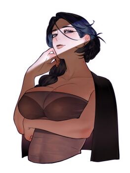  blue_eyes blue_hair breasts earrings highres hololive hololive_english jewelry large_breasts looking_at_viewer mature_female multiple_moles ouro_kronii schwannitysan side_ponytail stud_earrings virtual_youtuber 