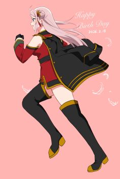  1girl 89ru0 absurdres ahoge bare_shoulders black_boots black_coat black_gloves boots breasts coat commentary_request dated double_bun dress eutopia_(love_live!) full_body gloves hair_bun half_gloves happy_birthday highres knee_boots long_hair love_live! love_live!_nijigasaki_high_school_idol_club medium_breasts pink_background pink_hair red_dress short_dress simple_background sleeveless sleeveless_dress solo zhong_lanzhu 