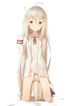  1girl absurdres ahoge anger_vein bad_id bad_pixiv_id bed_sheet black_socks blonde_hair blush bottomless bow bowtie female_focus flying_sweatdrops full_body hand_up highres himouto!_umaru-chan jacket kilo_(2466414482) kneehighs kneeling kongou_hikari loli long_hair long_sleeves on_bed orange_eyes peeing pussy red_bow red_bowtie shirt simple_background sleeves_past_wrists socks solo trembling uncensored very_long_hair wet wet_clothes white_background white_jacket white_shirt  rating:Explicit score:152 user:AngryZapdos