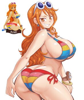  1girl absurdres ass bangle bare_shoulders bikini bracelet breasts butt_crack character_name commentary cowboy_shot earrings english_commentary eyewear_on_head from_behind from_side grin halterneck highres jewelry large_breasts lewdamone log_pose long_hair looking_at_viewer looking_back multicolored_bikini nami_(one_piece) official_alternate_costume one_piece one_piece_film:_z orange_eyes orange_hair reference_inset side-tie_bikini_bottom sideboob sidelocks simple_background smile solo sunglasses swimsuit wavy_hair white-framed_eyewear white_background  rating:Sensitive score:7 user:danbooru