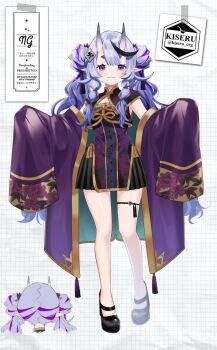  1girl :3 alternate_costume artist_name black_hair black_shoes blush breasts center-flap_bangs china_dress chinese_clothes cleavage_cutout closed_mouth clothing_cutout commentary_request dress floral_print floral_print_dress full_body gold_trim grid_background hair_ornament hikimayu horns kokutan_kiseru long_hair long_sidelocks looking_at_viewer mole mole_on_thigh mole_under_mouth multi-tied_hair multicolored_hair multiple_views nijisanji no_socks off_shoulder open_clothes open_robe paper_background platform_shoes pleated_dress pointy_ears print_dress print_robe purple_dress purple_eyes purple_hair purple_robe rindou_mikoto robe shoes short_dress sidelocks skin-covered_horns sleeveless sleeveless_dress sleeves_past_fingers sleeves_past_wrists small_breasts smile standing streaked_hair tassel tassel_hair_ornament thigh_strap toe_cleavage twintails twitter_username very_long_hair virtual_youtuber white_background 