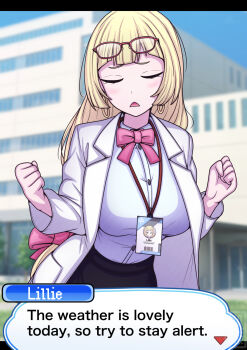  1girl aged_up black_skirt blonde_hair blurry blurry_background bow bowtie building character_name clenched_hands closed_eyes coat commentary_request commission day dialogue_box earrings english_text eyelashes eyewear_on_head glasses hakusai_(user_nkkd7242) hands_up highres jewelry lanyard lillie_(pokemon) long_hair nintendo open_clothes open_coat open_mouth outdoors pokemon pokemon_sm raised_inner_eyebrows shirt skeb_commission skirt solo triangle_mouth white_coat 