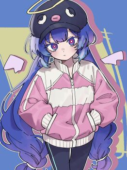  1girl alternate_costume baseball_cap black_hat blue_eyes blue_hair braid closed_mouth cowboy_shot drawn_wings drop_shadow flat_chest halo hands_in_pockets hat highres jacket ktnazm0702 leggings long_hair long_sleeves looking_at_viewer low_twin_braids otomachi_una outline pink_jacket solo twin_braids very_long_hair vocaloid white_outline 