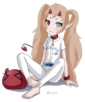 1girl 2025 ahoge artist_name bandaged_forearm barefoot baseball_uniform blonde_hair blush breasts capinep ch4i child choomba collar cosplay demon_girl demon_horns devil_girl flat_chest foot_focus heterochromia holding_bat horns indie_virtual_youtuber major_league_baseball pants pointy_ears red_collar shirt sitting small_breasts solo sportswear toronto_blue_jays twintails white_pants white_shirt 