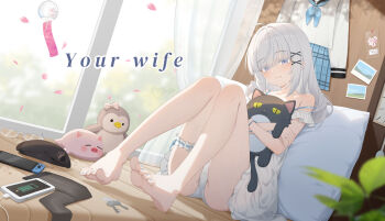  1girl blue_eyes blue_nails feet hugging_object light_blush nintendo_switch non-web_source panties pillow sitting smile solo title_screen underwear white_hair white_panties your_wife_(game)  rating:Sensitive score:7 user:danbooru