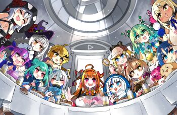  1girl 6+girls ahoge amane_kanata amane_kanata_(1st_costume) anchor_symbol animal_costume animal_hood antlers arched_bangs bat_hair_ornament black_streaks blonde_hair blue_eyes blue_hair blue_hoodie bow braid branch breasts brown_capelet brown_cloak brown_eyes brown_hair capelet ceres_fauna ceres_fauna_(1st_costume) cloak commentary dark-skinned_female dark_skin demon_girl diagonal-striped_bow double_bun dragon_girl dragon_horns english_commentary feather_hair_ornament feathers fine_art_parody fisheye flower gawr_gura gawr_gura_(1st_costume) green_hair grey_hair hair_bun hair_flower hair_ornament hairclip halo hat highres hiodoshi_ao hiodoshi_ao_(1st_costume) holding hololive hololive_english hood hoodie horn_bow horn_ornament horns jewelry kiryu_coco kiryu_coco_(1st_costume) large_breasts long_hair magnifying_glass mano_aloe minato_aqua minato_aqua_(1st_costume) mole mole_under_eye mole_under_mouth multicolored_hair multiple_girls murasaki_shion murasaki_shion_(1st_costume) nanashi_mumei nanashi_mumei_(1st_costume) necktie open_mouth orange_hair orca_hood parody phibonnachee pink_hair planet_hair_ornament pointy_ears ponytail red_eyes sakamata_chloe sakamata_chloe_(1st_costume) shark_costume shark_girl shark_hair_ornament shark_hood sharp_teeth shirt skull_collar skull_hair_ornament smile star_halo streaked_hair striped_bow teeth the_last_supper tsukumo_sana tsukumo_sana_(1st_costume) twintails uruha_rushia uruha_rushia_(1st_costume) virtual_youtuber watson_amelia watson_amelia_(1st_costume) white_hair white_shirt witch_hat x_hair_ornament yellow_eyes yozora_mel yozora_mel_(1st_costume) 