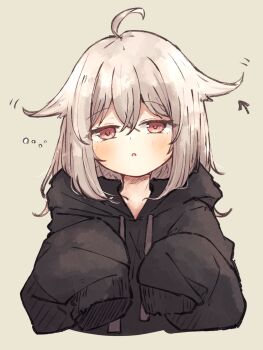  1girl ahoge black_hoodie commentary_request hair_ornament highres hood hood_down hoodie long_sleeves looking_at_viewer mayu_(meguru_1225) meguru_1225 one_eye_closed open_mouth original red_eyes sleeves_past_wrists solo white_hair 